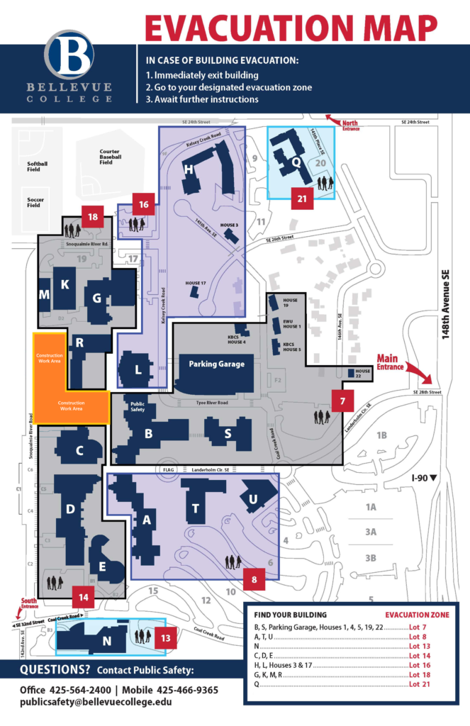 Bellevue College Evacuation zone map: B, S building, Parking Garage Houses 1, 4, 5, 19, 22 to Lot 7, A, T, U building to lot 8, N building to lot 13, C, D, E building to lot 14, H, L building, Houses 3, and 17 to lot 16, G, K, M, R buildings to lot 18, Q building to lot 21