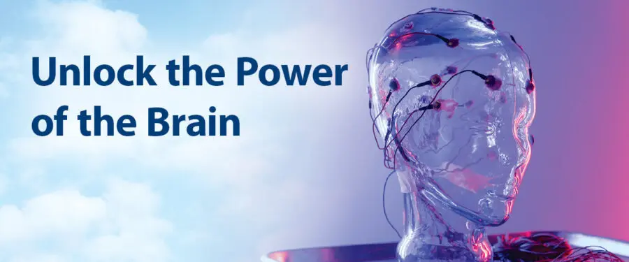 Photo of clear head with electrodes attached with phrase 'unlock the power of the brain'