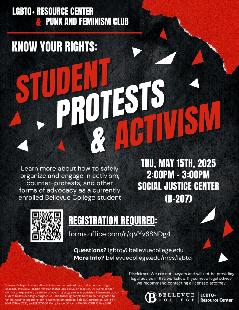 Poster for the LGBTQ+ Resource Center's "Know Your Rights: Student Protests & Activism" workshop.