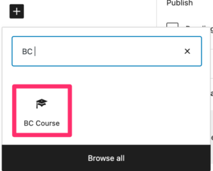 WordPress Block Editor with "BC Course" block selected.