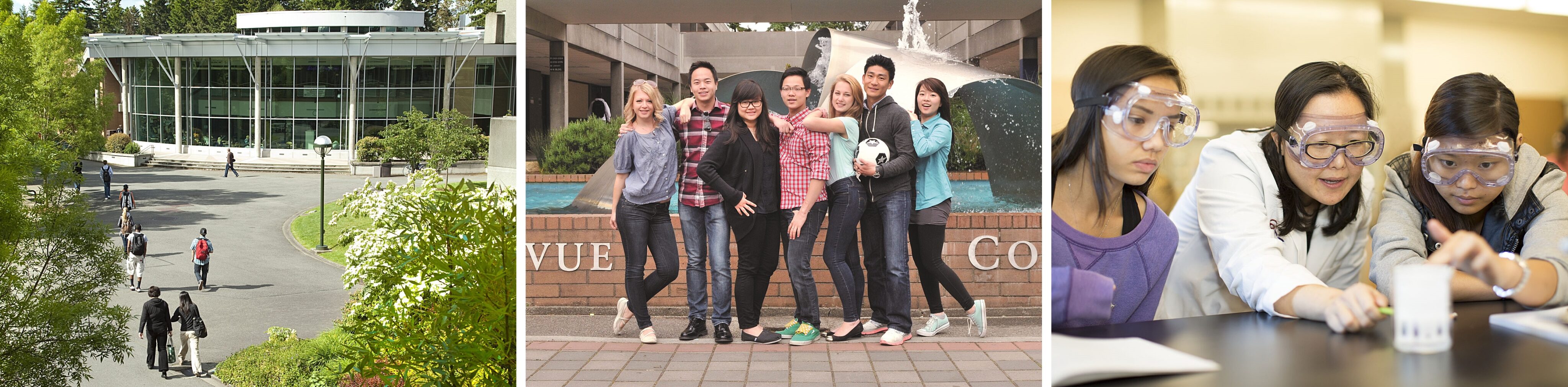 Combined images of BC student union courtyard, students in front of fountain, and science students