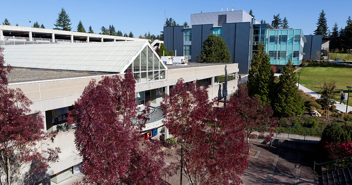 Birdseye view of BC's campus landscaping and sustainable architecture.