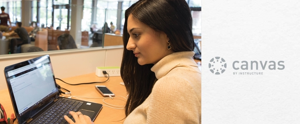 Student on computer next to canvas logo. Links to Canvas.