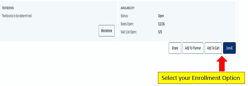 A screenshot of the enrollment process directs students to select the Enrollment Option.