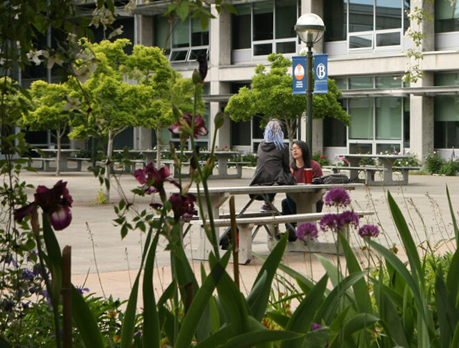 Two students chat on campus.