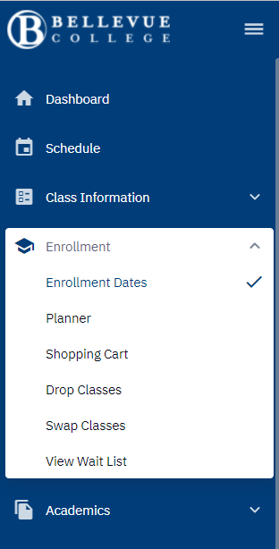 A screenshot of the menu for Enrollment in classes.