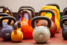 Kettlebells line up on the floor.