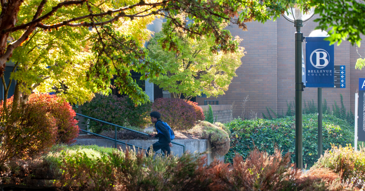 A student walking through the leafy BC campus