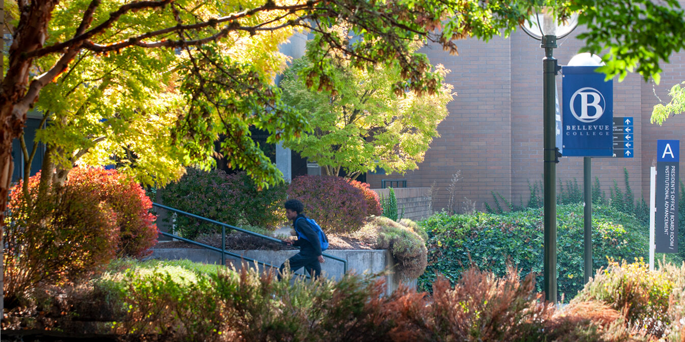 A student walking through the leafy BC campus