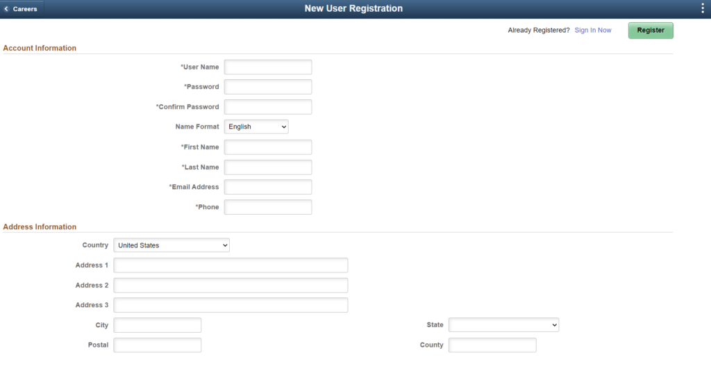 New user registration screen