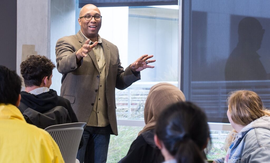 A professor lectures to students