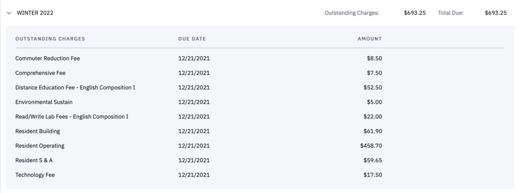 ctcLink itemized charges including components of tuition, mandator fees and class fees