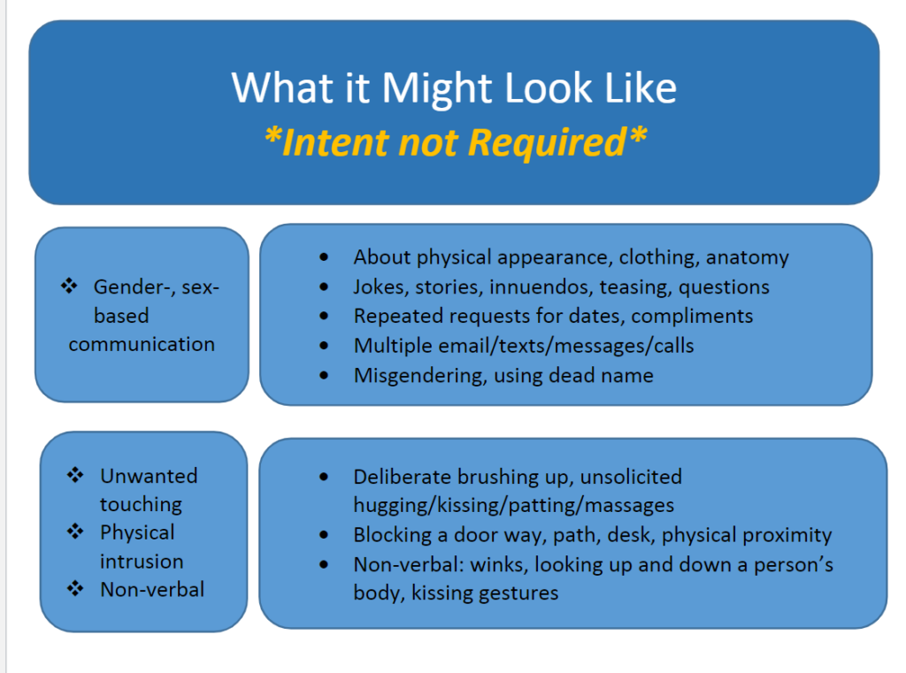 Chart with examples of behaviors that could be considered gender or sex based harassment. Accessible file can be downloaded in link above.