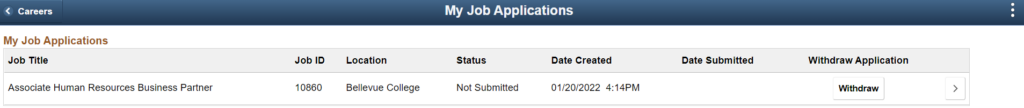 Screen capture showing the "My Job Applications" page within the Career portal