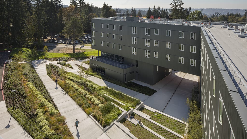 Residence Hall rain garden and courtyard from above.