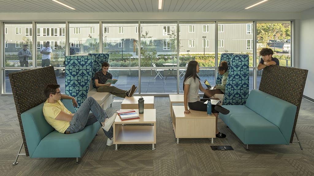 Lounge overlooking rain garden and courtyard.