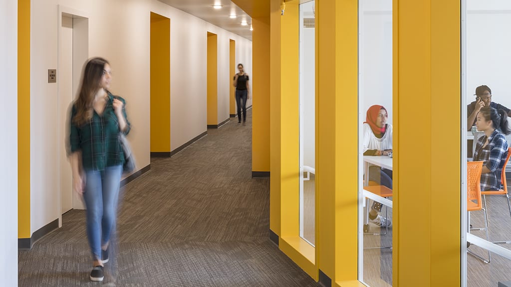 Interior hallway and view to study lounge.