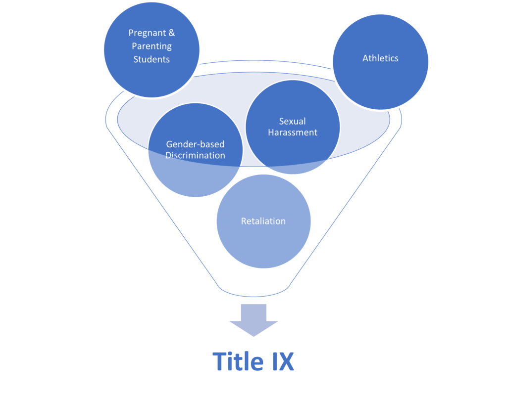 Funnel showing five balls labeled 
"Pregnant & Parenting Students", "Athletics", "Gender-based Discrimination", "Sexual Harassment", and "Retaliation" funneling down to the words "Title IX"