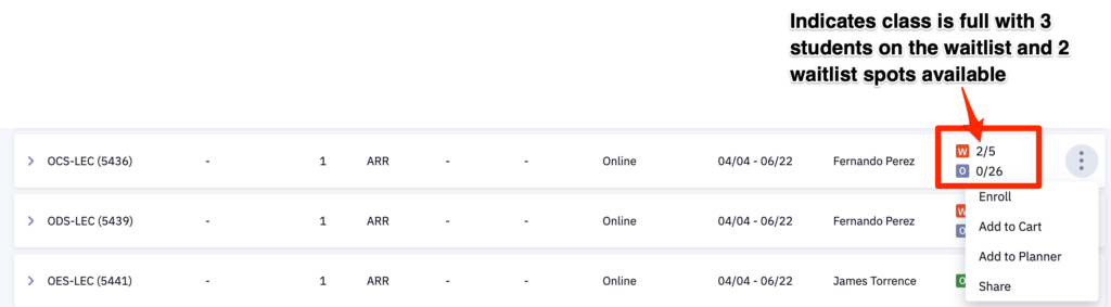 image of class search results showing waitlist available seats