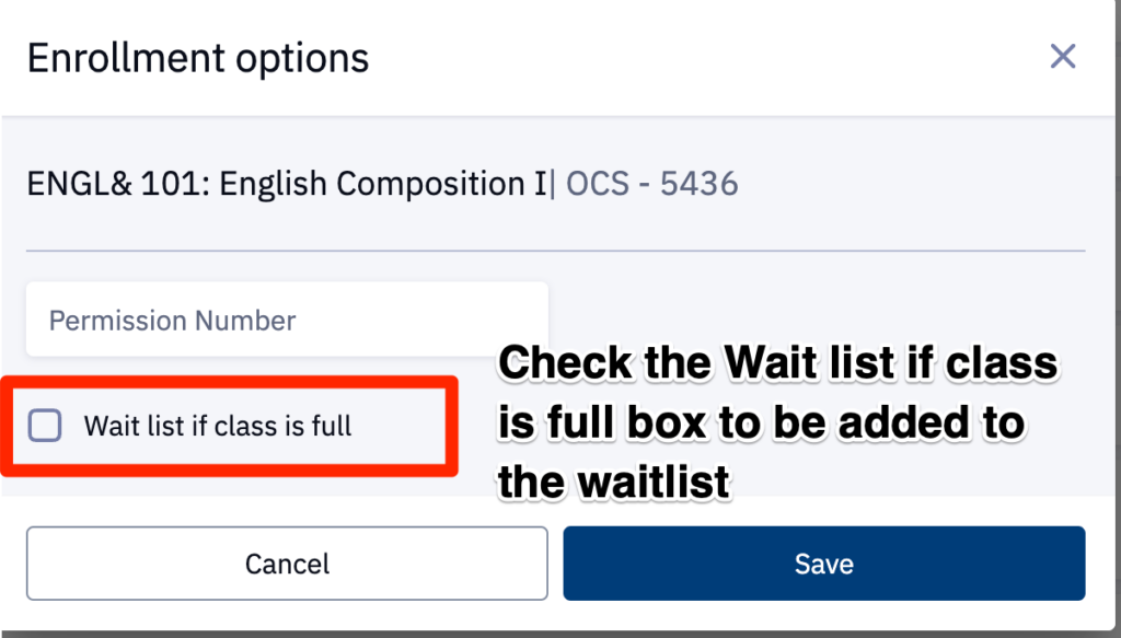 enrollment options box with wait list if class is full check box highlighted