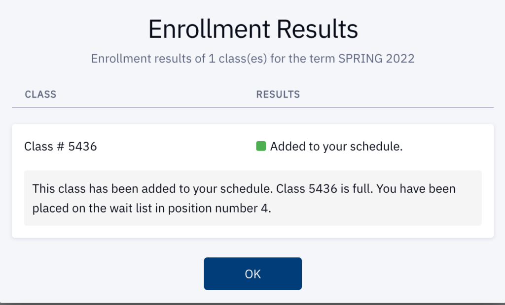 enrollment confirmation with wait list message