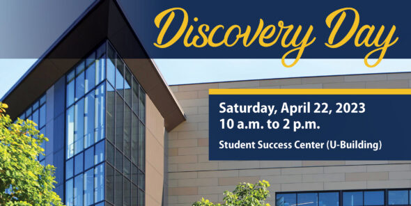 A campus building with details about the upcoming Discovery Day