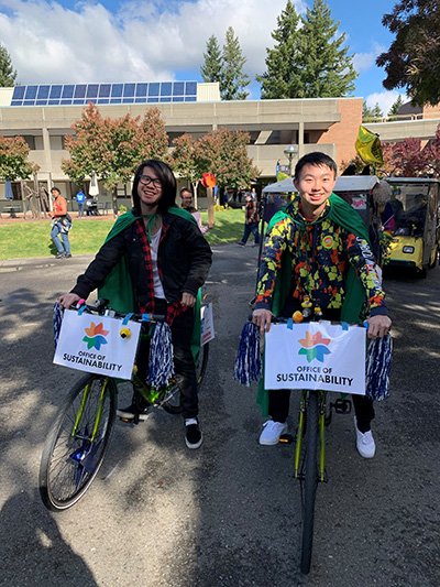 A parade of rental bikes rides through BC's campus.