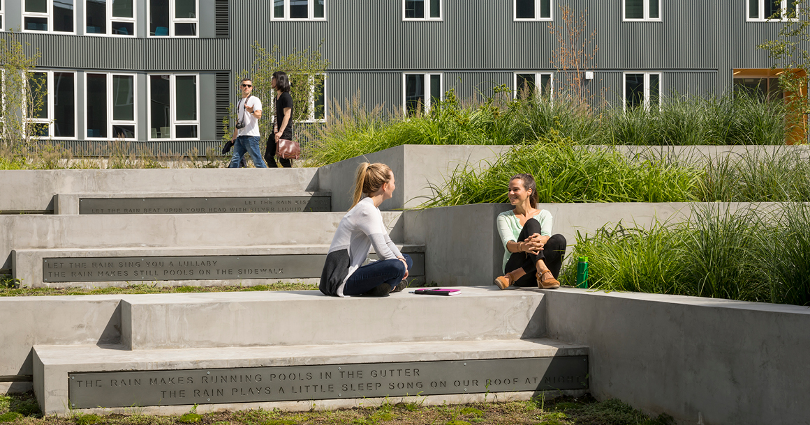 Students chat on steps outside BC student housing.