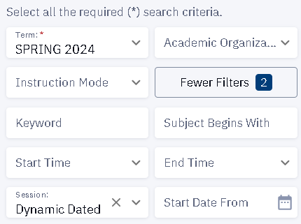 Shows place where "session" is listed under class search in order to add filter for late start classes.