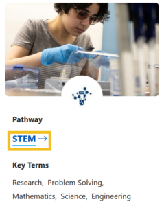 As a guide to show users where to click for the relevant information, the image highlights the STEM pathway on the BC Pathways page.