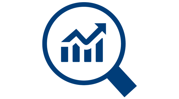 An icon shows a magnifying glass examining bar graphs and an upward-facing arrow.