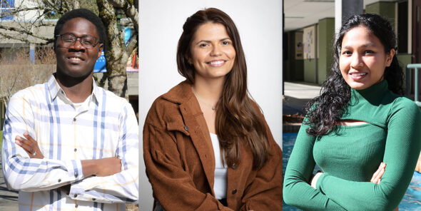 Three photos next to each other of Bellevue College students Josaphat Boesinga, Isadora Pereira da Silva, and Anagha Sreepada Rao, who were selected to join the 2024 All-Washington Academic Team.