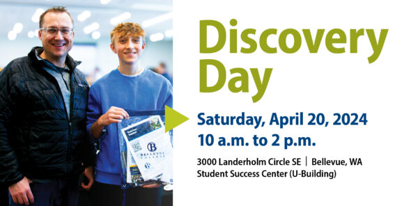 Discovery Day is Saturday, April 20, 2024 from 10 a.m. to 2 p.m. at Bellevue College's U-Building on campus. All are invited.