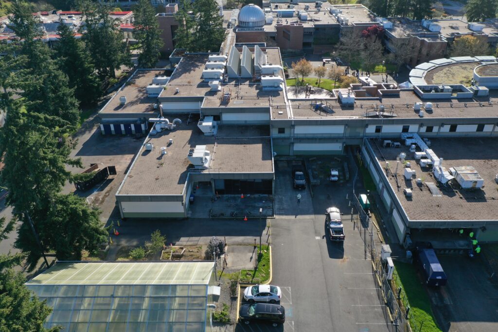 Aerial shot of buildings. 