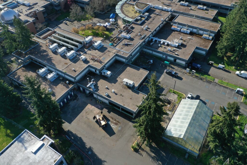Aerial shot of buildings. 