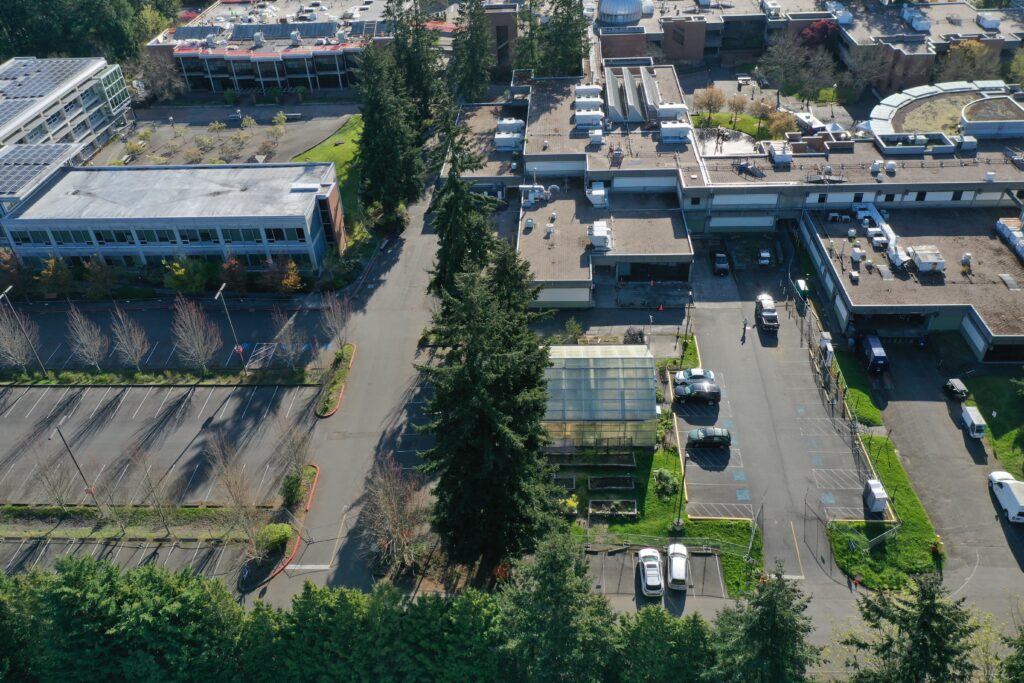 Aerial shot of buildings. 