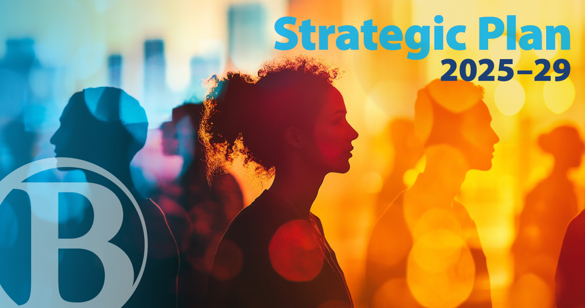 Composite artistic image showing shadowed out humans on a colorful background. Text reads Strategic Plan 2025-29