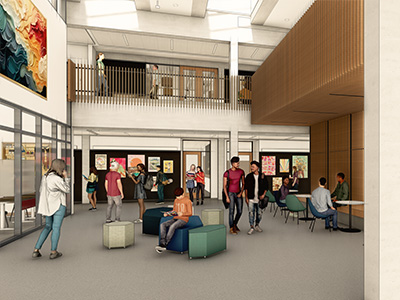 A rendering of the central atrium and student lounge inside of the W Building.