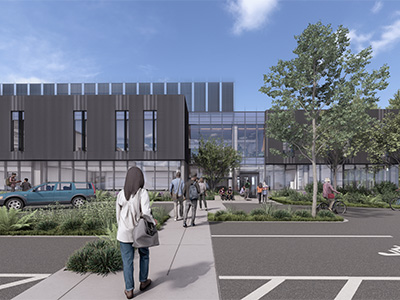 A rendering of the back side of the W Building, outside.