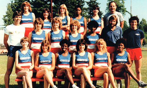 A team photo of the 1983 women's track and field team at Bellevue College.