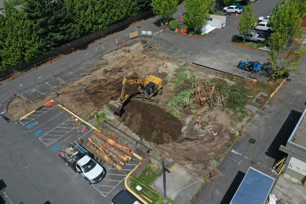 Aerial shot of demolished building.