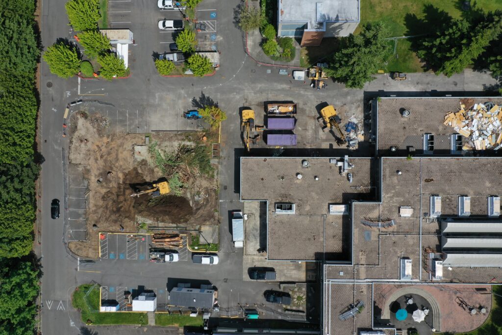 Aerial shot of demolished building.