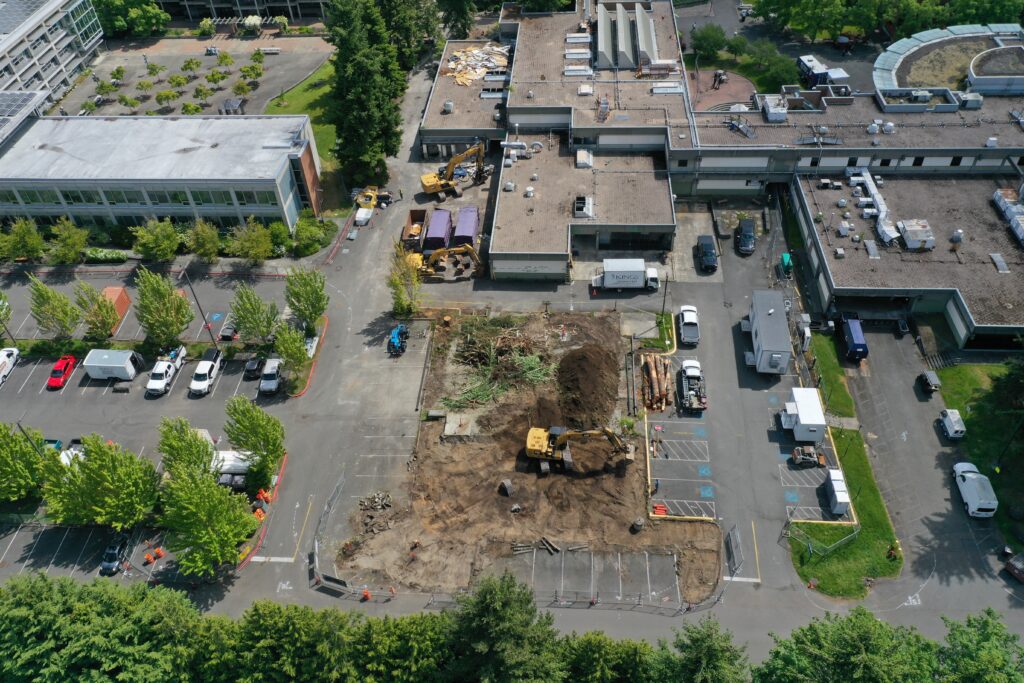 Aerial shot of demolished building.