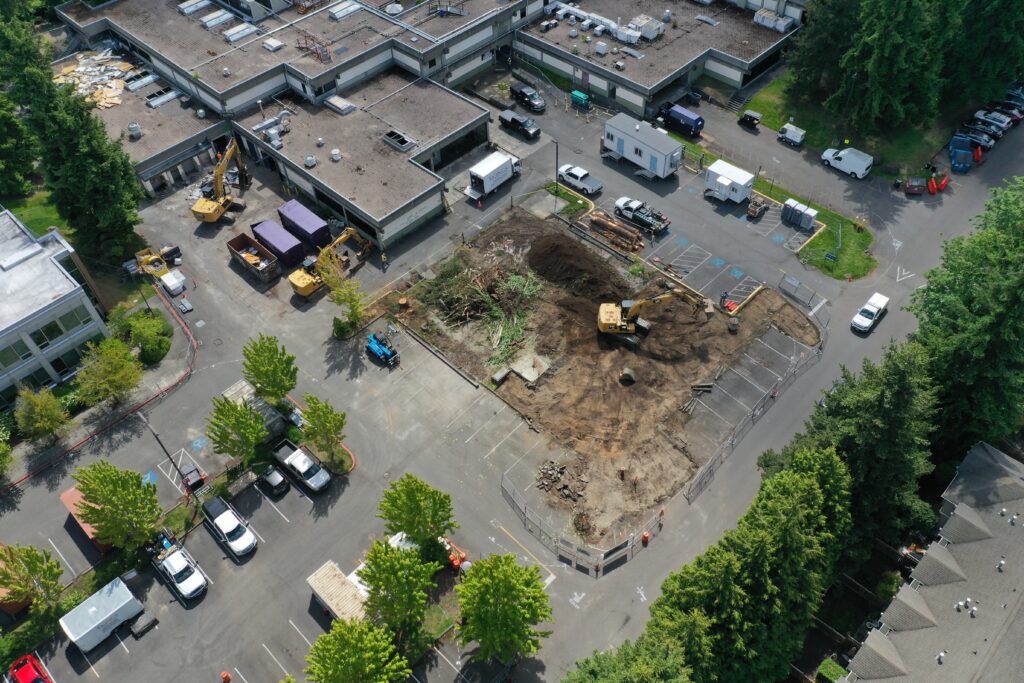Aerial shot of demolished building.