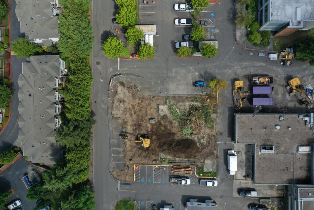 Aerial shot of demolished building.