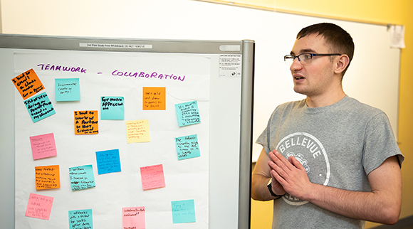 A student presents in front of a whiteboard of Post-It notes.