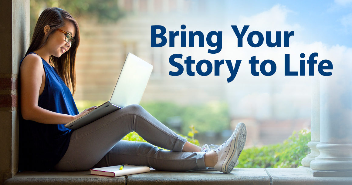 Student with laptop in lap. Text reads, Bring your story to life.