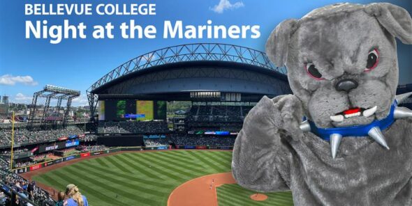 An image of the baseball field at T-Mobile Park with Brutus the Bulldog superimposed on the right side. The text reads 
