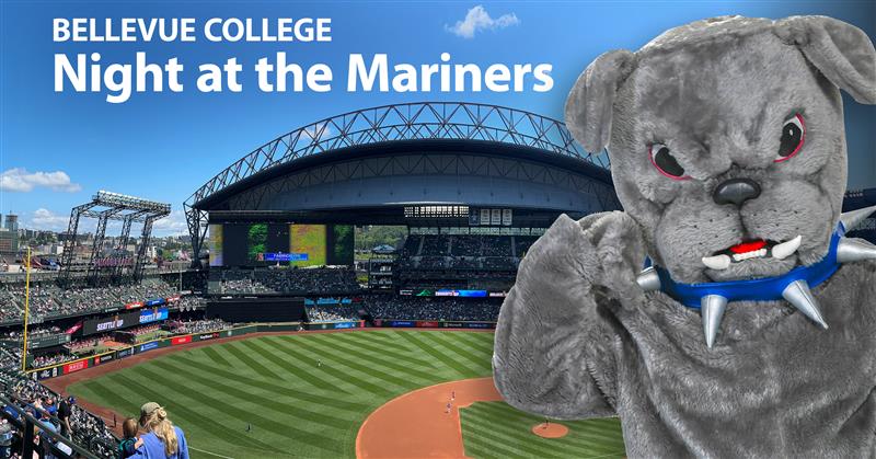 An image of the baseball field at T-Mobile Park with Brutus the Bulldog superimposed on the right side. The text reads 