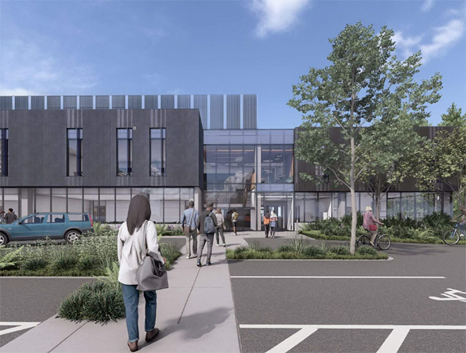 Rendering of the new W-Building entrance.